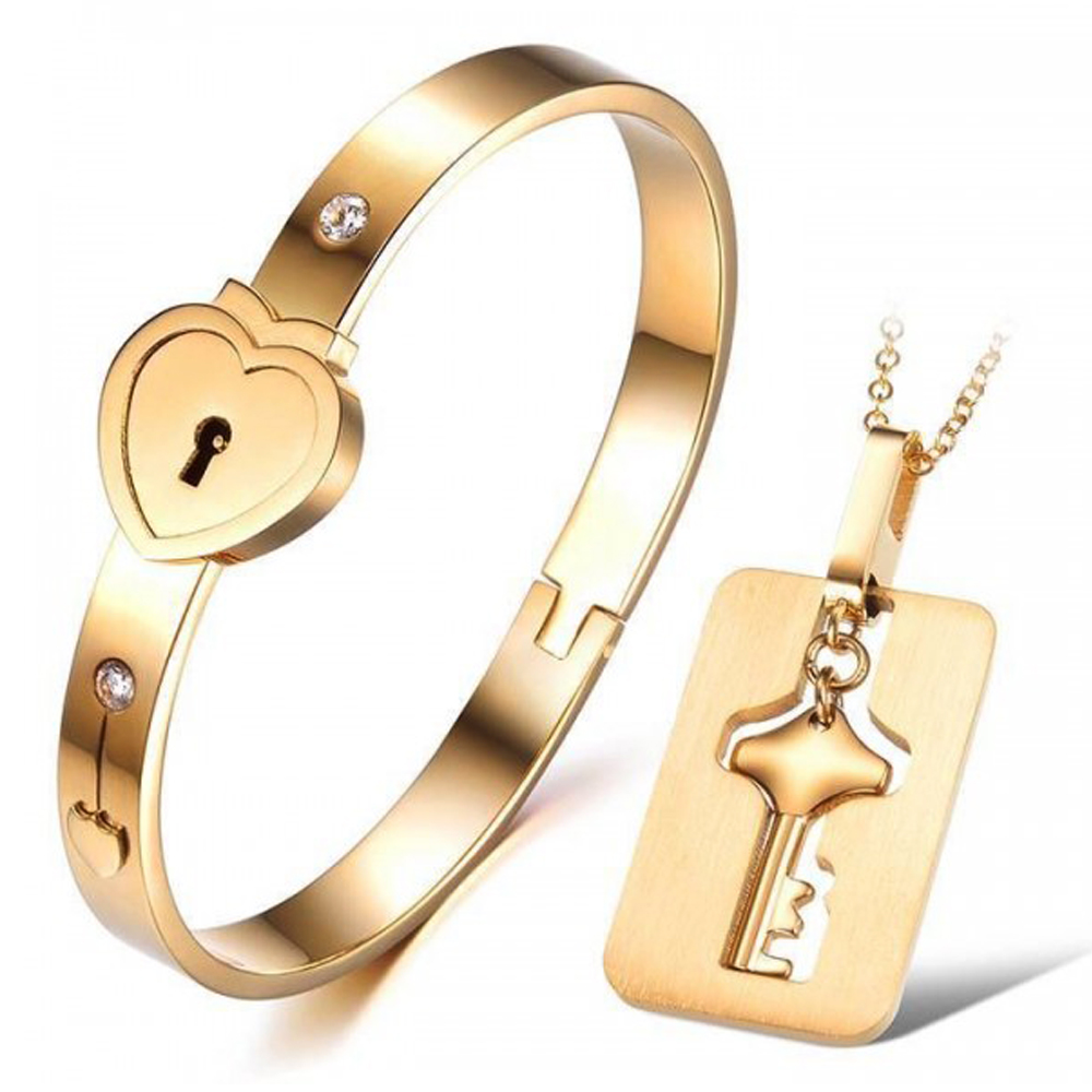 Stainless Steel Bracelet Love Heart Lock Bangle Key Pendants Necklace – Golden